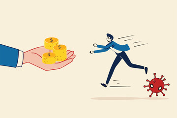 Business help, government economic stimulus package in COVID-19 Coronavirus financial crisis concept, businessman with protective mask chain with virus pathogen running to get money from helping hand.