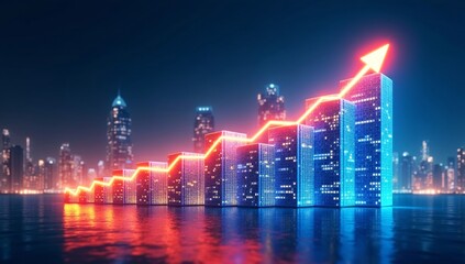 Naklejka premium Stock market graph with arrows pointing upwards overlay on skycrapers symbolizing increasing income or investment returns. 