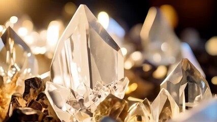 Detailed close up of multiple clear quartz crystals on rocks with a warm, shiny, magical, ethereal glow and soft blurred background.