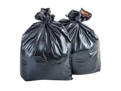 Two full black plastic garbage bags isolated, transparent background