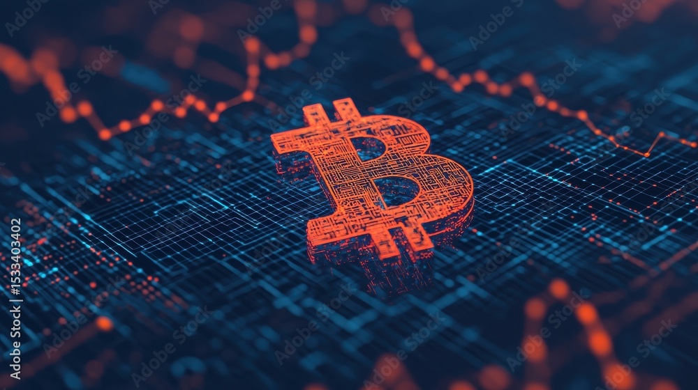 Poster a digital illustration of bitcoin symbol on a tech background representing cryptocurrency.