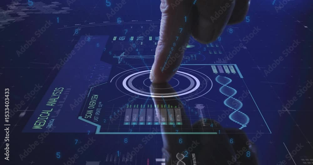 Poster user finger tapping medical interface, initiating animated medical scan with pulsing data charts