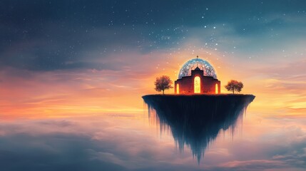 A floating temple glows at sunset, surrounded by a dreamy atmosphere of clouds and stars.