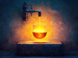 A glowing glass filled with golden liquid illuminated by a faucet against a textured wall.