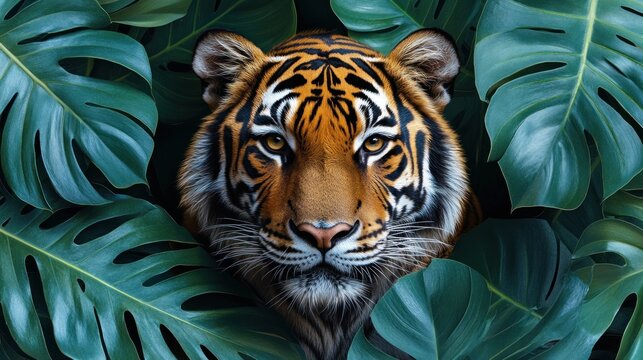 Majestic tiger portrait with striking gaze surrounded by vibrant jungle foliage