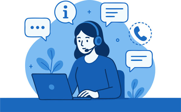 Customer service representative attends clients via laptop