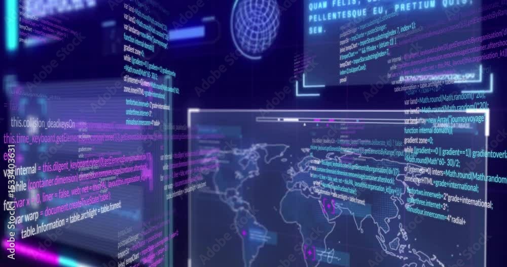 Poster code panel sliding from left while world map nodes blinking rotating globe visualizing data