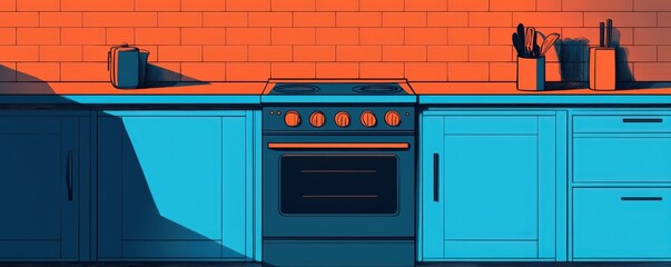 A modern kitchen with a vibrant blue stove and orange tiled wall for culinary inspiration.