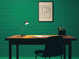 A modern desk setup featuring a lamp, chair, and stylish wall art in a vibrant room.