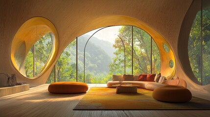 A modern living room with large windows, showcasing vibrant nature and stylish furniture.