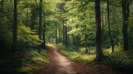 Fototapeta premium Sunlight Dappled Trail Winding Through Lush Green Deciduous Woodland, Peaceful Nature Scene.