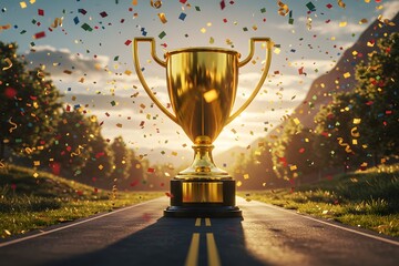 symbolizing victory and success.A gleaming gold winners trophy cup stands proudly on a race track, A golden trophy on a road, a festive explosion of colorful celebration confetti and sparkling glitter