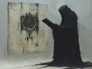 A mysterious figure in a dark cloak interacts with an ancient symbol in an eerie setting.
