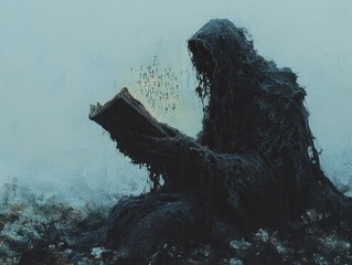 A mysterious figure reading a book, cloaked in dark textures and surrounded by shadows.