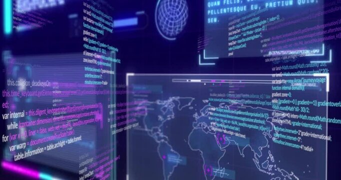 Code panel sliding from left while world map nodes blinking rotating globe visualizing data