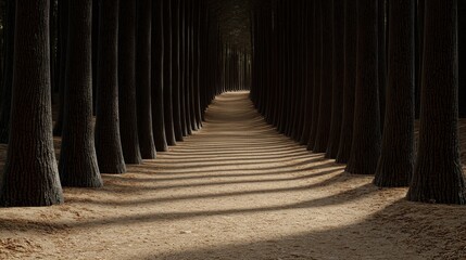 A serene pathway lined with tall trees, casting shadows on a sandy path in nature.
