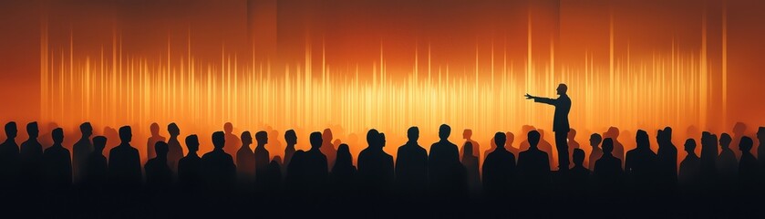 A silhouette of a speaker addressing a captivated audience against an orange backdrop.
