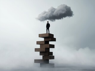 A solitary figure stands on wooden blocks, lost in thought under a cloud.