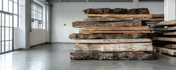 A stack of wooden planks in an industrial space showcasing raw materials.