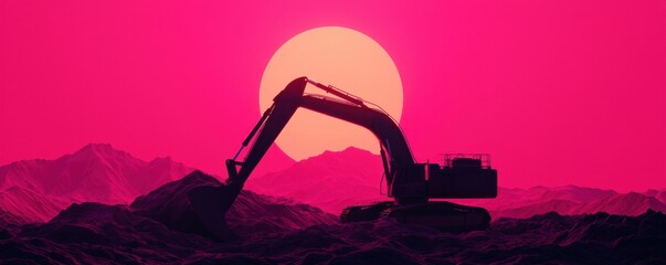 A striking excavator silhouette against a vibrant pink sunset landscape.
