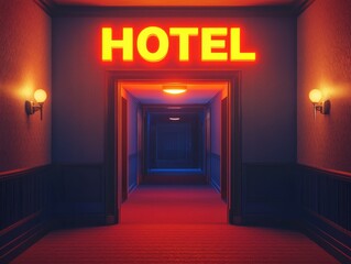 A vibrant hotel corridor illuminated with neon lights and a welcoming atmosphere.