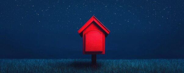 A vibrant red house stands alone in a serene night landscape filled with stars.