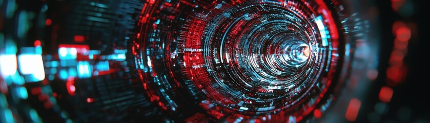 A vibrant tunnel of lights depicting digital data flow in a futuristic style.