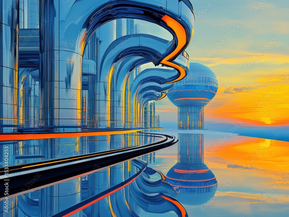 Poster futuristic architecture with reflective surfaces at sunset, creating a stunning visual.