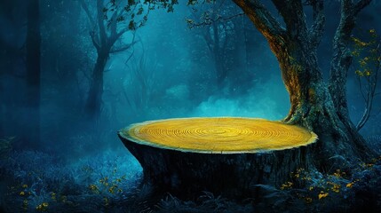 Enchanted forest scene with a luminous tree stump amidst a misty atmosphere.