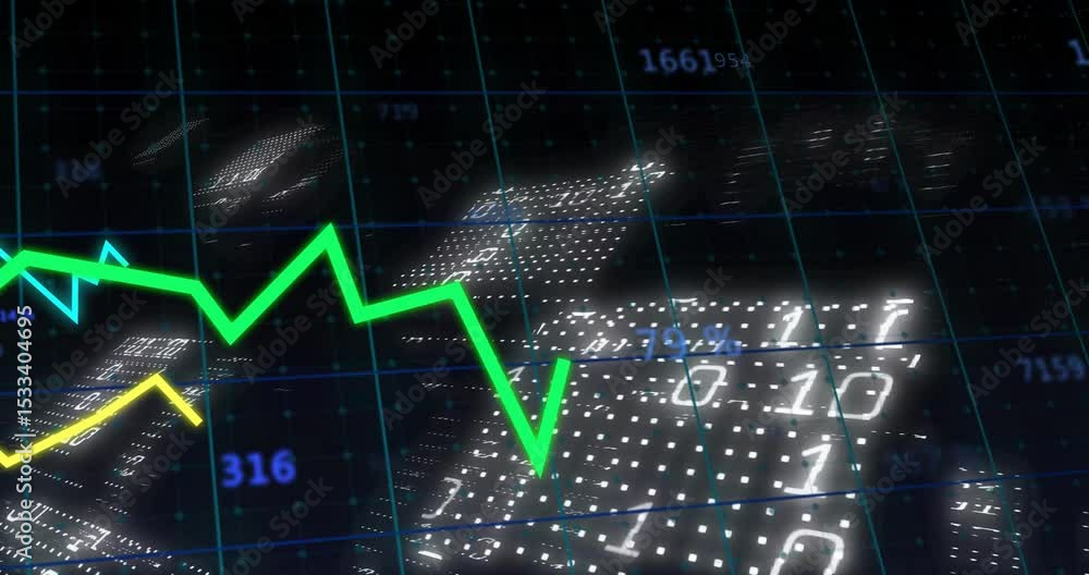 Poster grid lighting up while numeric panels floating and line graphs evolving to illustrate data trends