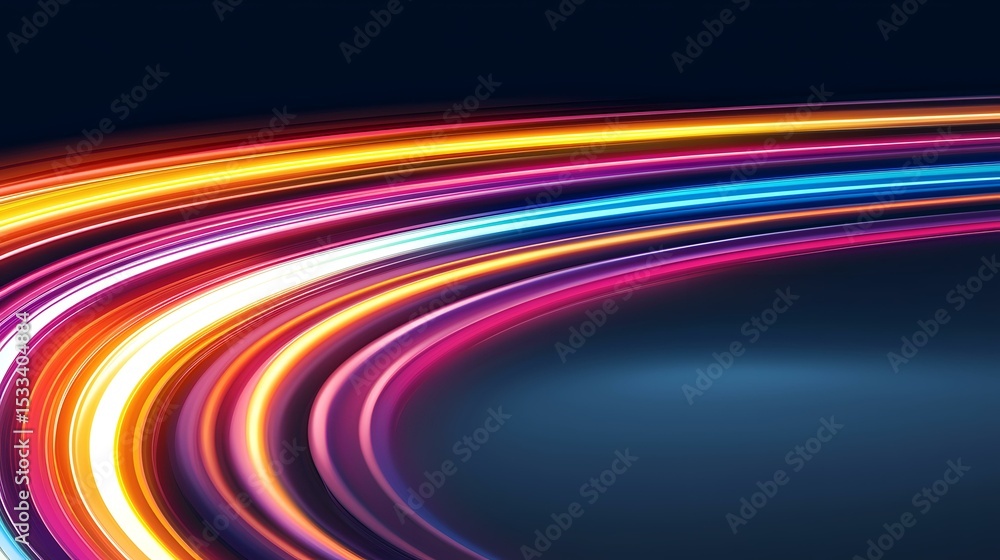 Poster the image contains vibrant, multicolored, glowing streaks of light curving across a dark blue backgr
