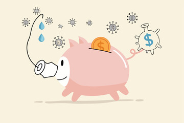 Coronavirus COVID-19 crash causing economic recession, global economics critical impact from Coronavirus outbreak concept, sick piggy bank in critical put on ventilator with COVID-19 virus pathogen.