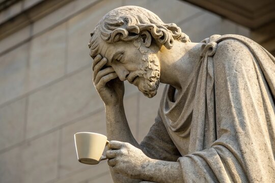 A stone statue of a thoughtful man holding a cup, resting his head on his hand, embodying contemplation and introspection.