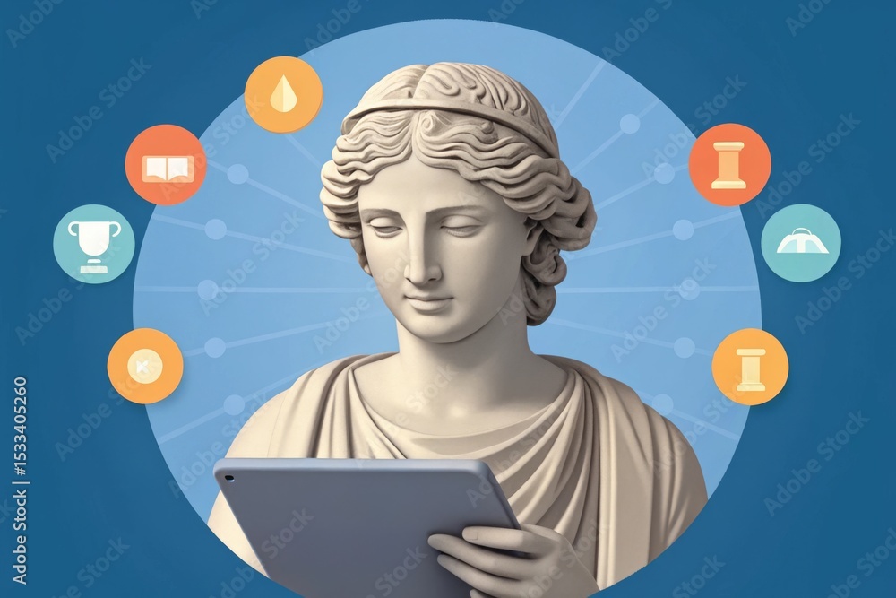 Poster a classical statue of a woman holding a tablet with digital icons and connectivity symbols in the ba