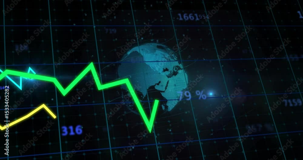 Poster dark grid appearing blue globe rotating floating values as three colored lines showing data trends