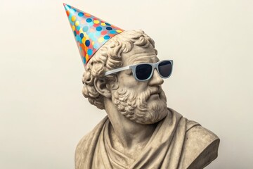 A classical marble bust statue wearing modern sunglasses and a colorful party hat against a plain background.
