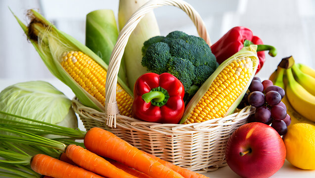 Fresh organic fruits and vegetables in a wicker basket