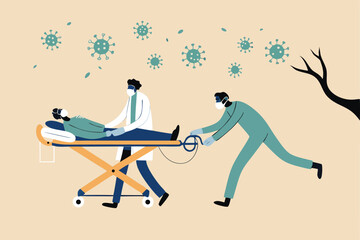 Emergency case for Coronavirus critical patient concept, doctor with medical team riding bed with critical Coronavirus COVID-19 pneumonia patient to emergency room with extra treatment, virus pathogen