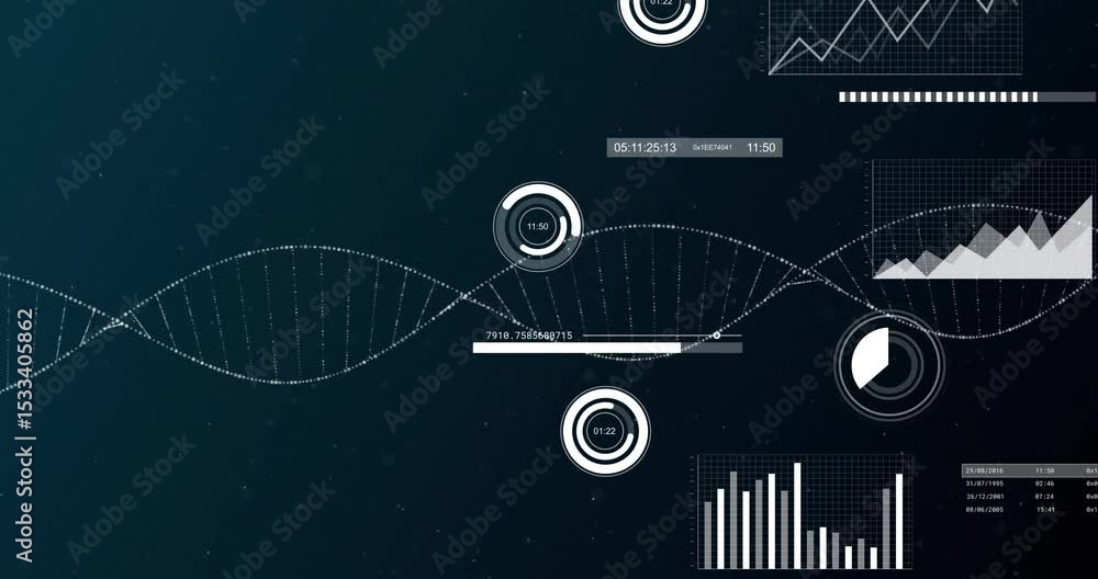 Poster teal particles starting interface sliding in as helix animating and gauges visualizing live data