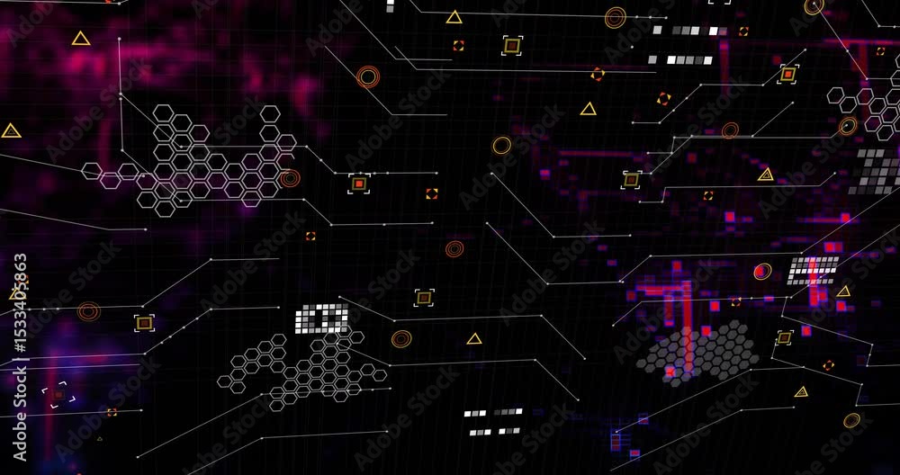 Poster interface opening, tracing circuit lines, showing elements, shifting shapes suggesting data flow
