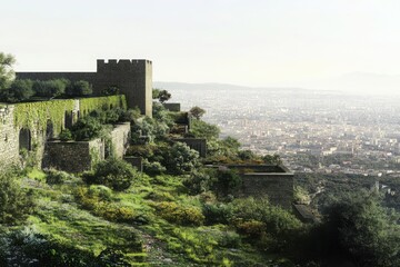 Obraz premium Stone Fortress Overlooking Expansive City Green Hillside