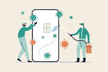 Coronavirus prevention clean your phone, sanitize smartphone and disinfect COVID-19 Coronavirus concept, medical and cleaning service worker with full protective gear sanitize and disinfect cellphone.