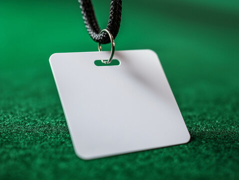 Blank ID Card Without Image Hanging With Lanyard on Green Felt Desk Background for Office Identity Badge Mockup, School or Corporate Name Tag Template, and Stationery Presentation