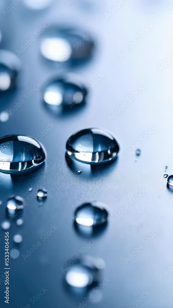 Poster macro photo of water droplets on a smooth, reflective, light blue surface creating a fresh and clean