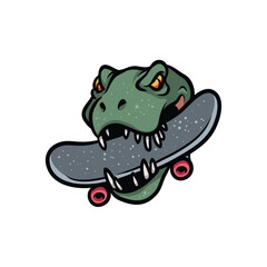 Dinosaur biting skateboard vector cartoon illustration