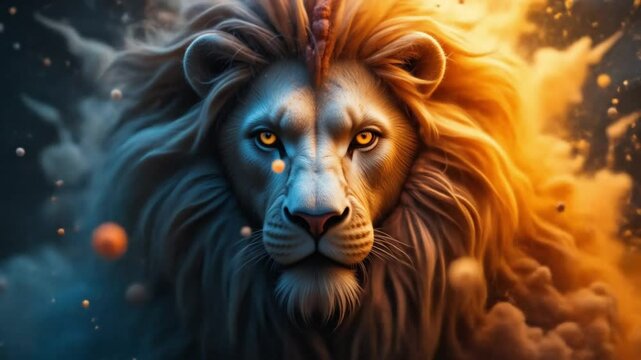 Illustration of a predatory lion head with mane with dust effect
