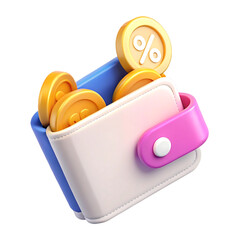 3d render of a cartoon wallet with gold coins and percentage sign isolated on transparent background