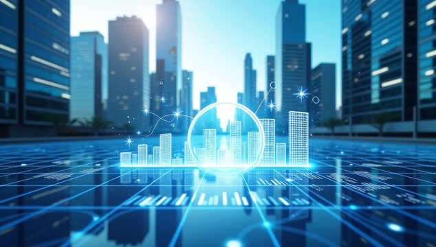 Business analysis and financial analysis. Corporate data and marketing statistics. Many graphs and charts on background of tall buildings.