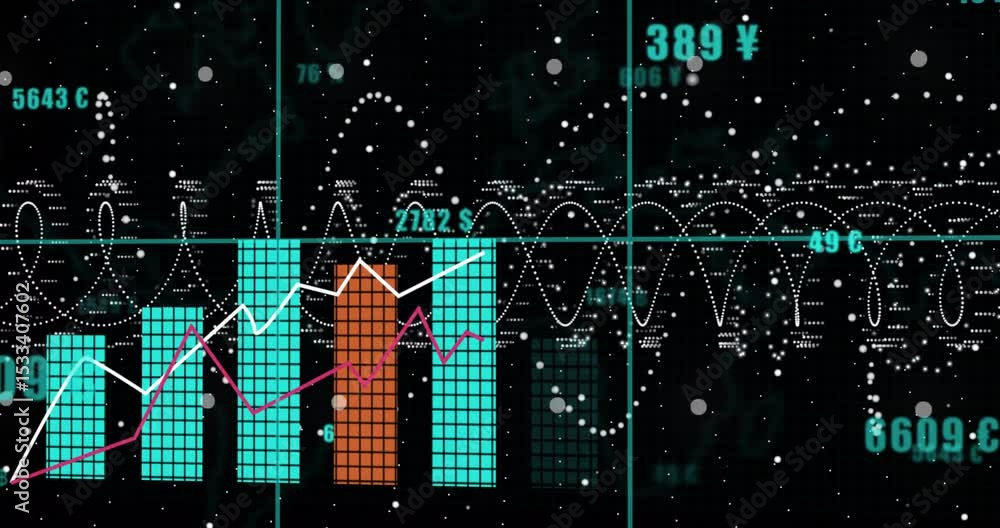 Poster chart starting with grid and sine-wave appearing, growing bars tracing lines to display metrics