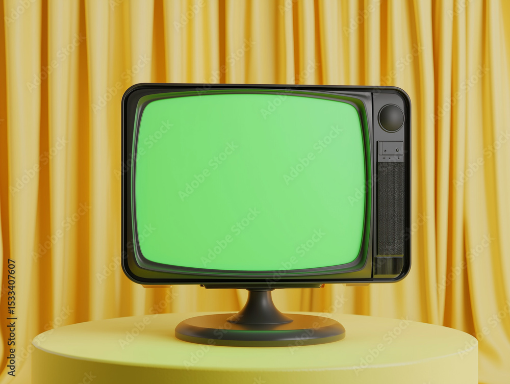 Poster 3d television with green screen standing on a podium table in soft curtain backdrop background for e